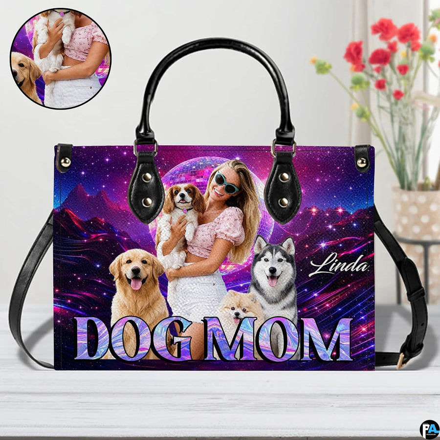 Matching zip wallet featuring the coordinated dogs, disco sphere, and neon digital horizon.