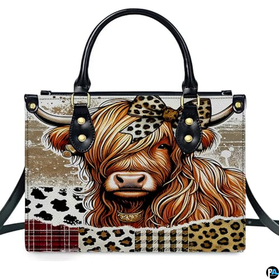 Highland Cow Leather Handbag Custom Cow Purse for Women Country Farm PU Leather Tote Gifts for Farmers Girls Mom Gift
