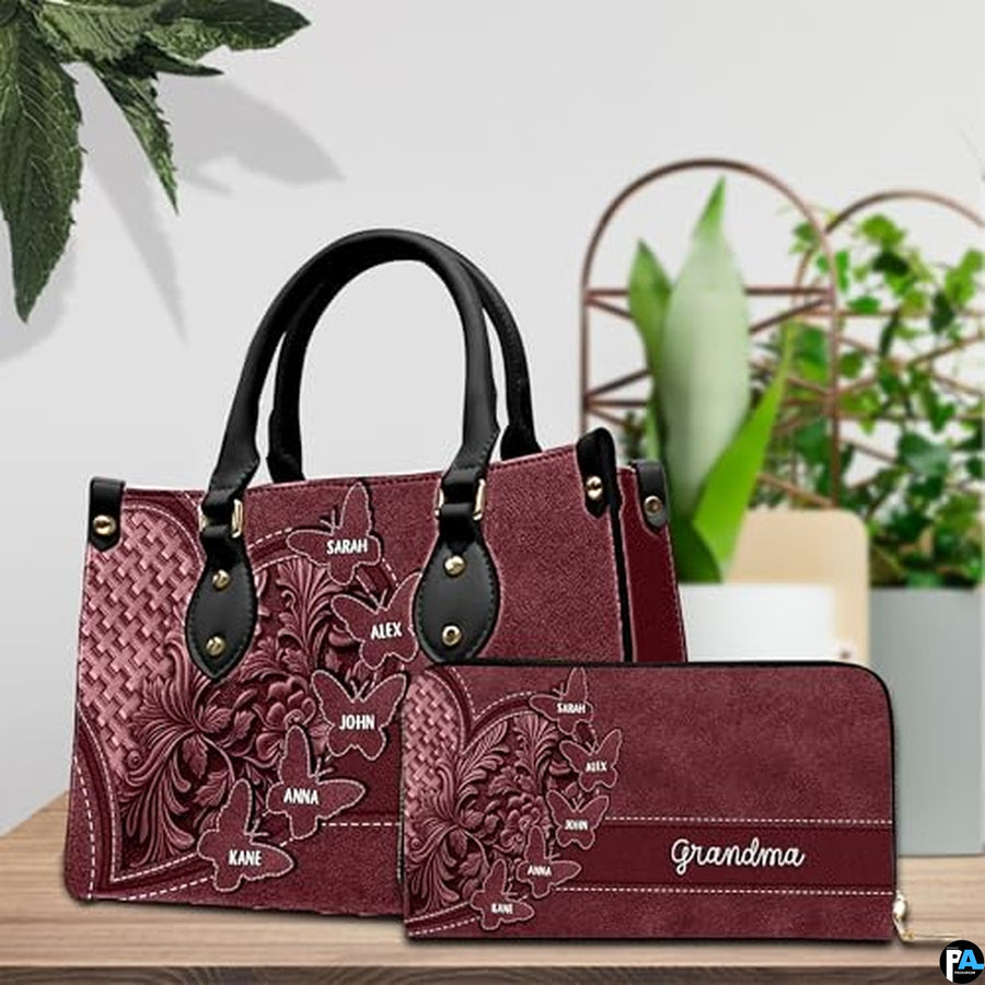 Mothers Day Gift Leather Bag- Personalized Grandmas Purse With Grandkids Names, Grandma Handbag Birthday Gifts For Mom Women