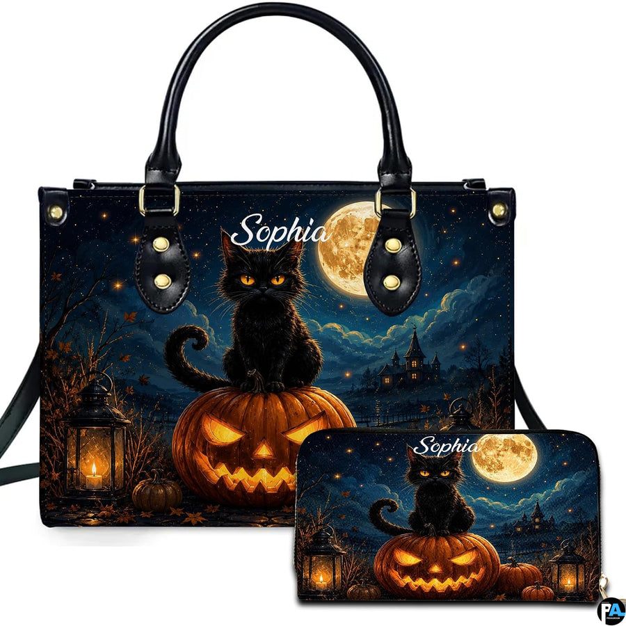 Black Cat Leather Bag – Vintage Cat Art Handbag, Stylish Animal-Themed Purse, Unique Gift for Cat Lovers