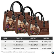 Three sizes of golden dragon handbag in medium, large, and extra-large with dimension table