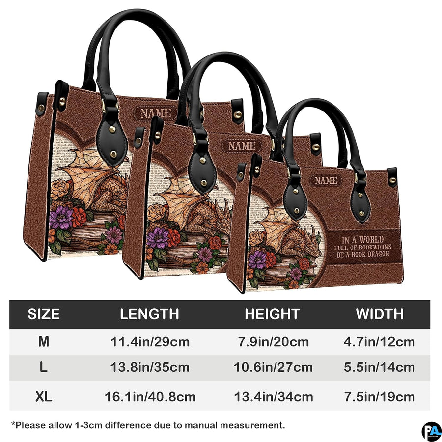 Three sizes of golden dragon handbag in medium, large, and extra-large with dimension table