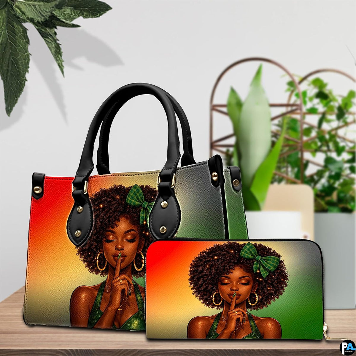 Black woman portrait handbag and wallet with red green gradient