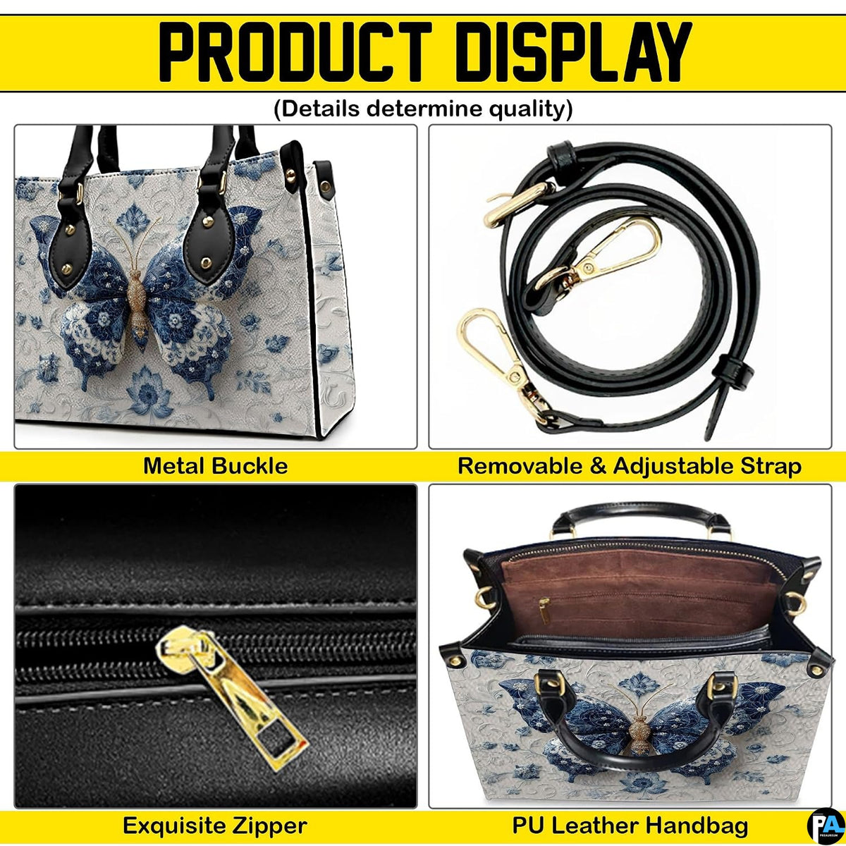 Side profile view of porcelain butterfly handbag highlighting structured depth