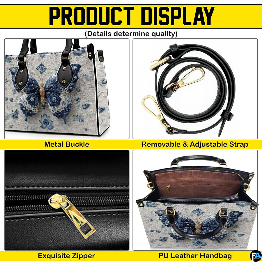 Side profile view of porcelain butterfly handbag highlighting structured depth