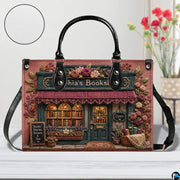 Angled view showing the detailed rose-covered shopfront facade printed across the handbag.