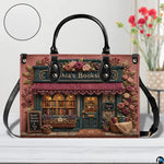 Angled view showing the detailed rose-covered shopfront facade printed across the handbag.