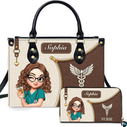 Chibi nurse mocha handbag and matching wallet set displayed upright on white background.