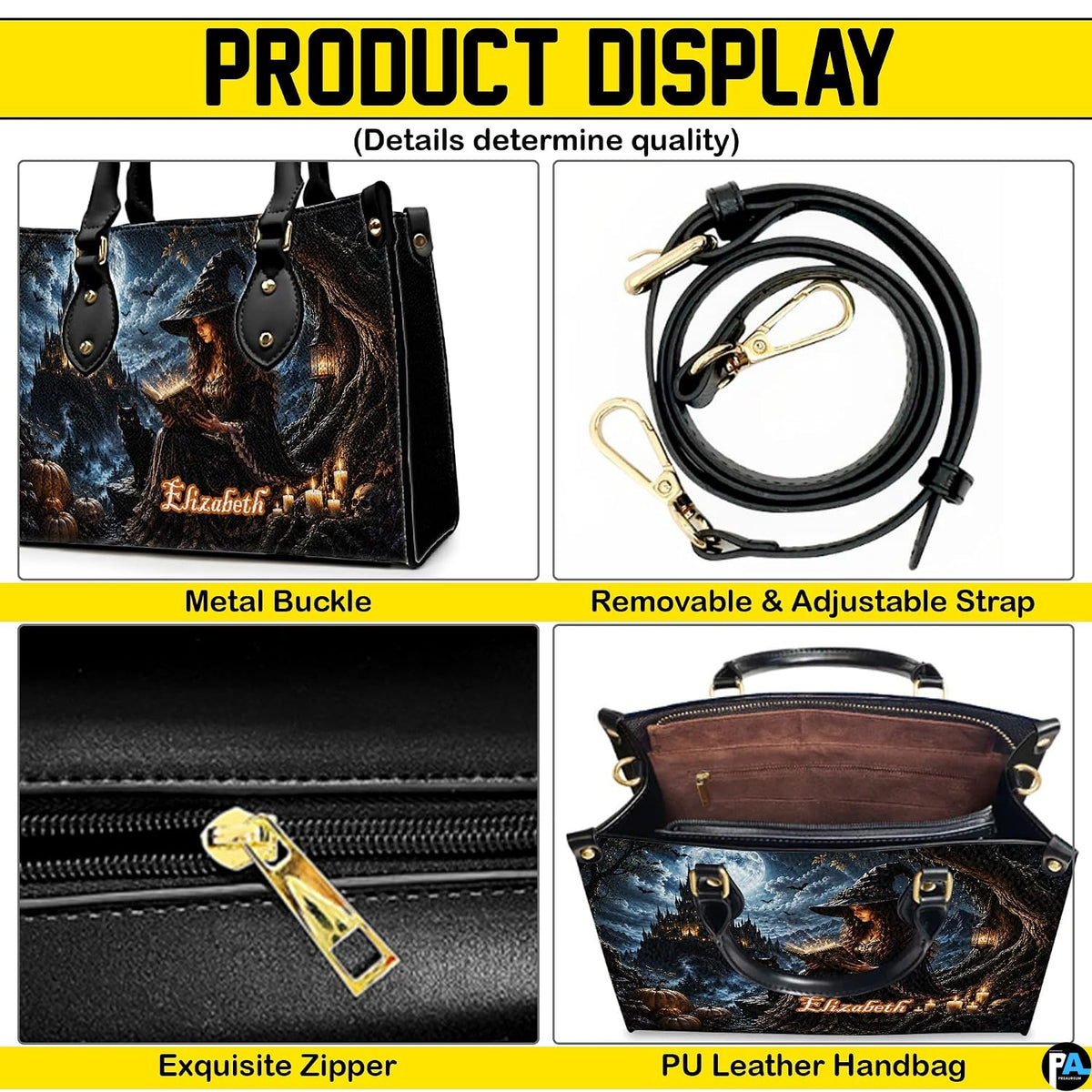 Product display overview showing metal hardware, adjustable shoulder strap, zipper top, and interior.