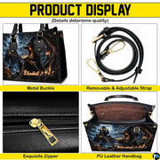 Product display overview showing metal hardware, adjustable shoulder strap, zipper top, and interior.
