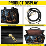 Product display overview showing metal hardware, adjustable shoulder strap, zipper top, and interior.