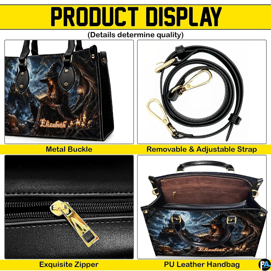 Product display overview showing metal hardware, adjustable shoulder strap, zipper top, and interior.