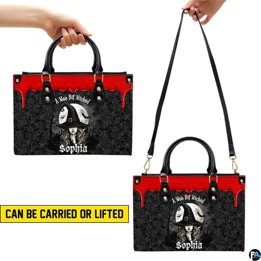 Dual view demonstrating top handle and long shoulder wear options with gothic sorceress illustration.