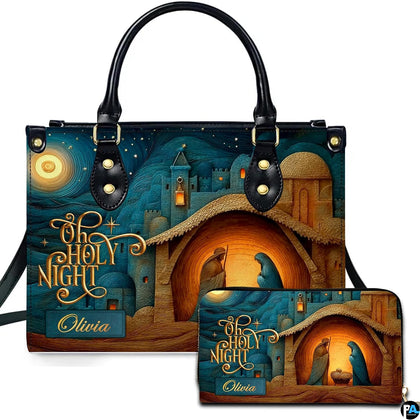 Front view of Bethlehem nativity scene handbag and matching wallet set with holy manger artwork