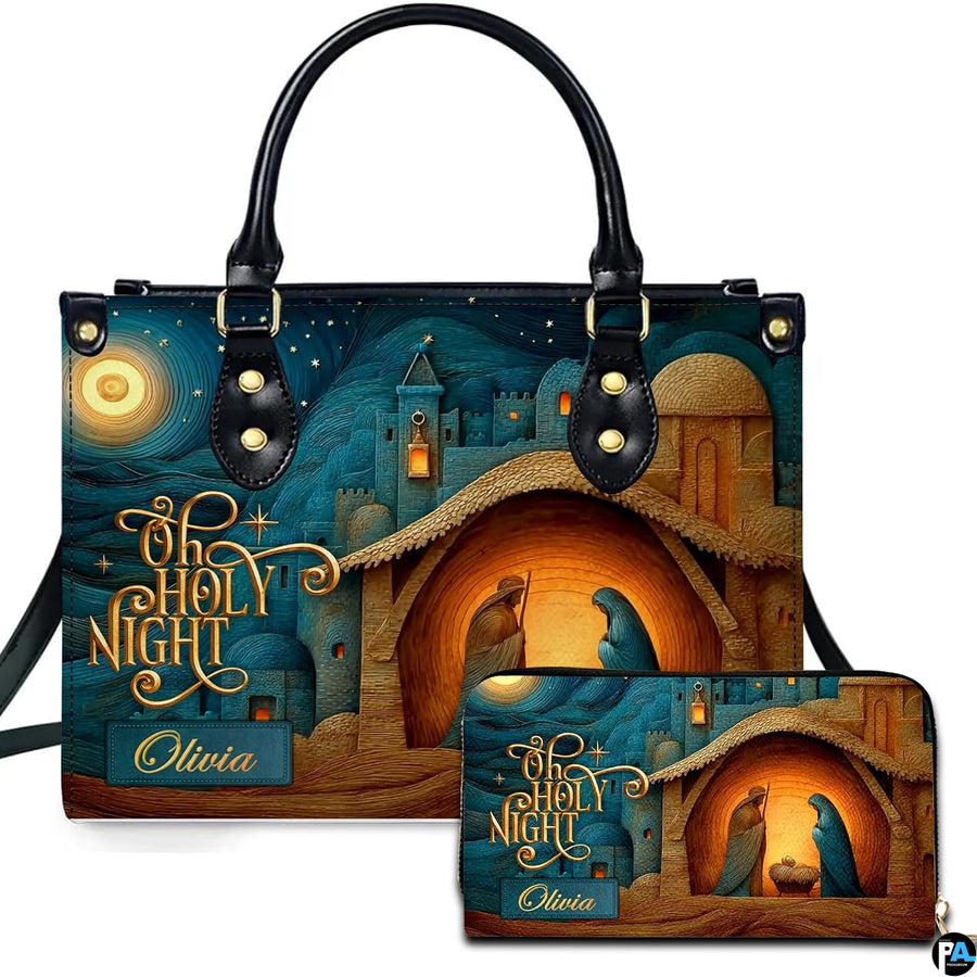 Front view of Bethlehem nativity scene handbag and matching wallet set with holy manger artwork