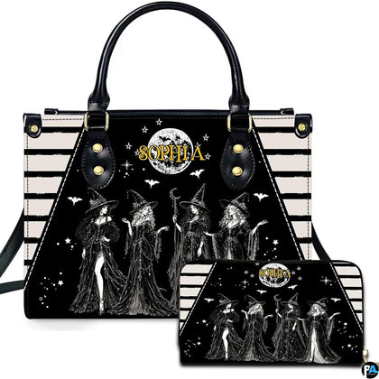 Gothic witch coven handbag displayed beside matching companion wallet.