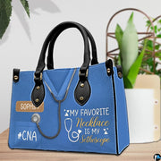 Close-up view of medical scrub uniform chest detail and stethoscope graphic