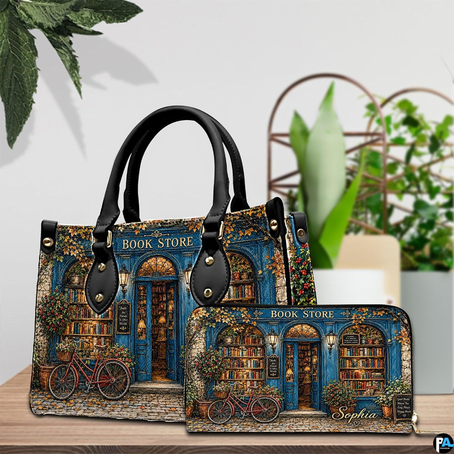Tabletop coordinated view displaying synchronized blue autumn bookshop illustrations across both matching items