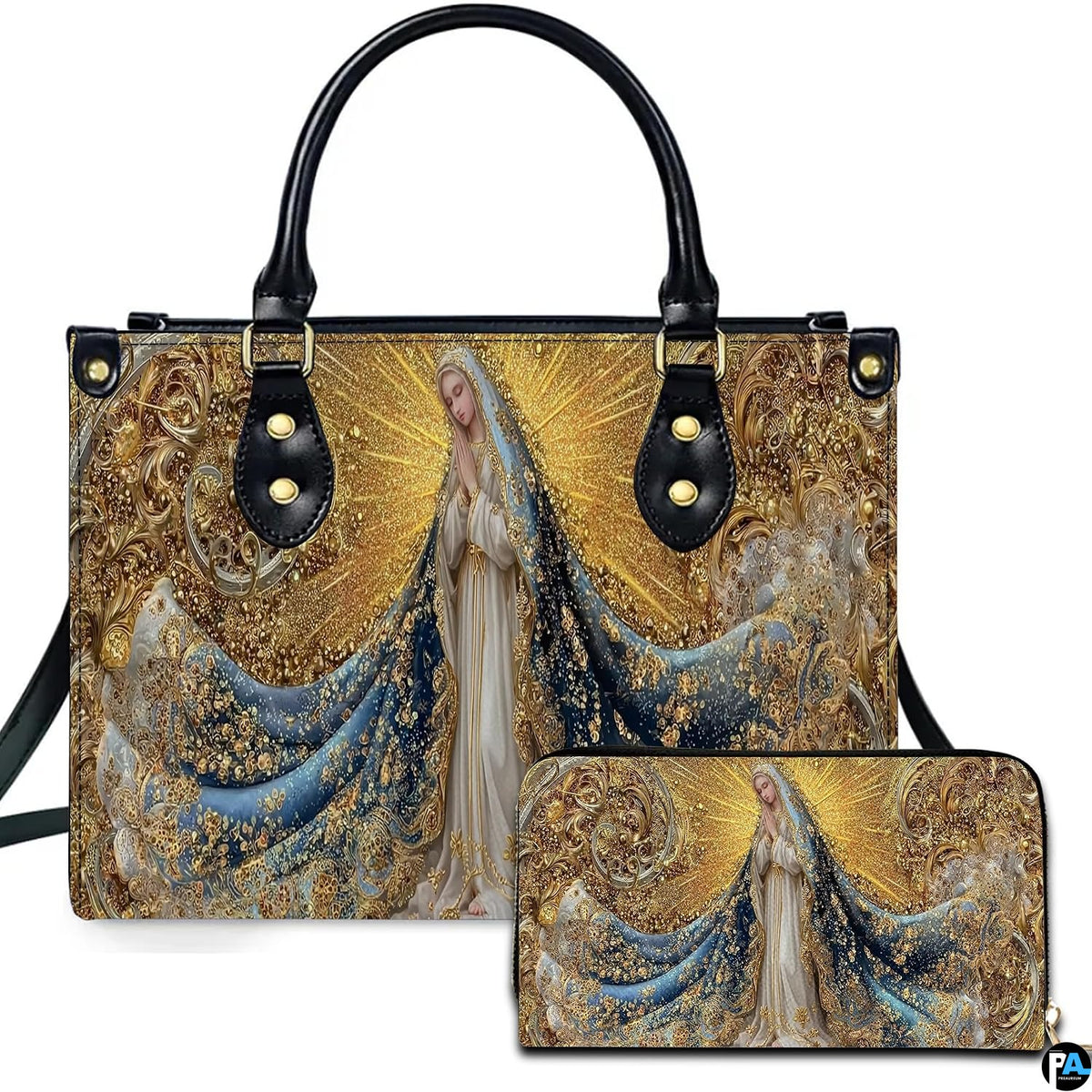 Front view of gilded Virgin Mary handbag and matching zippered wallet with golden filigree.