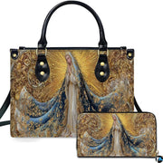 Front view of gilded Virgin Mary handbag and matching zippered wallet with golden filigree.