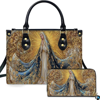 Front view of gilded Virgin Mary handbag and matching zippered wallet with golden filigree.