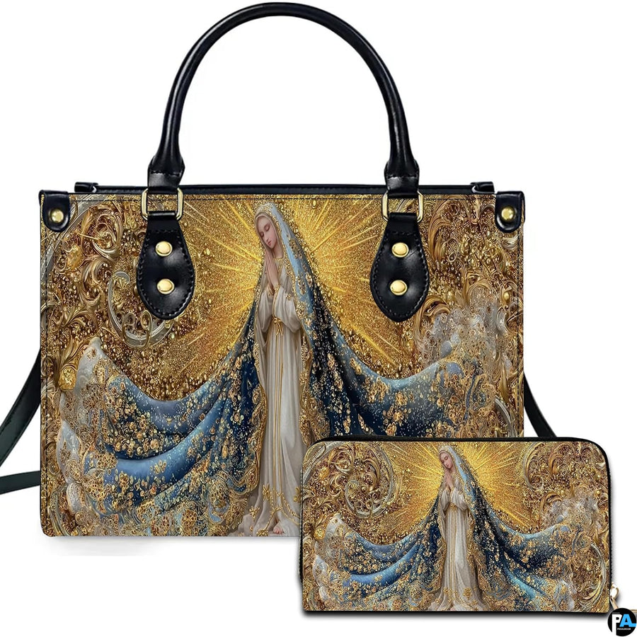 Front view of gilded Virgin Mary handbag and matching zippered wallet with golden filigree.
