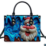 Front studio display of Santa Claus handbag with blue drip marbling and sculpted holiday accents