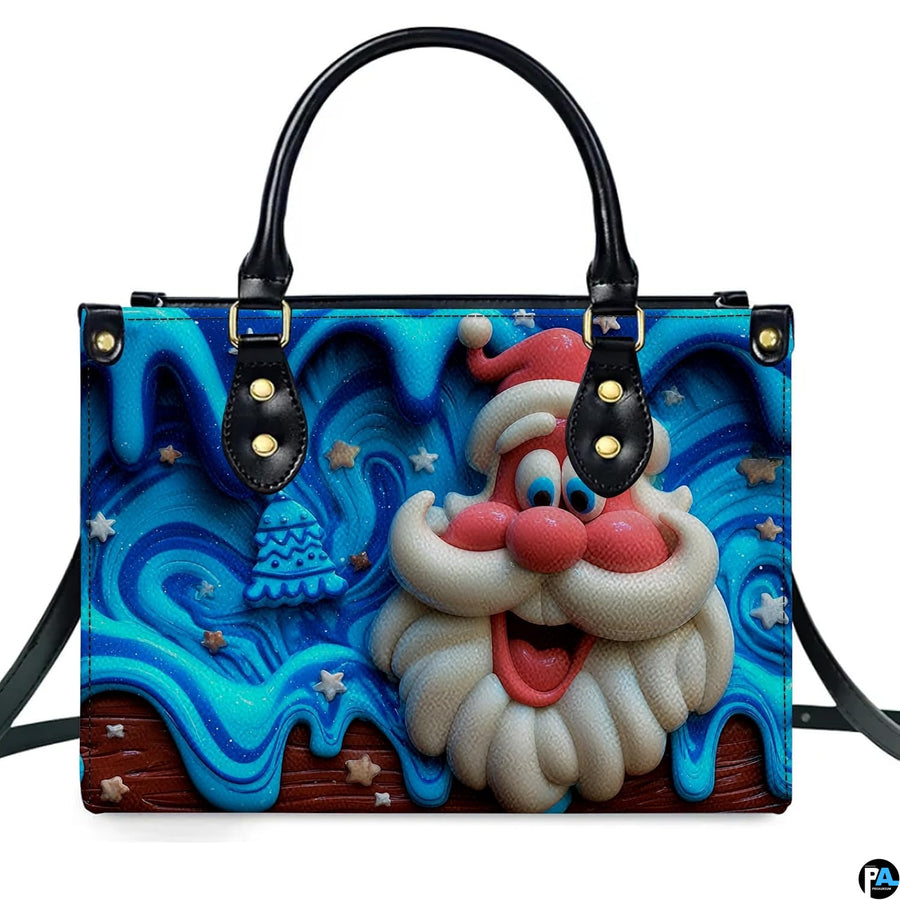 Front studio display of Santa Claus handbag with blue drip marbling and sculpted holiday accents