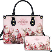 Front view of structured handbag and matching wallet featuring a vintage Santa and woodland reindeer gathering.