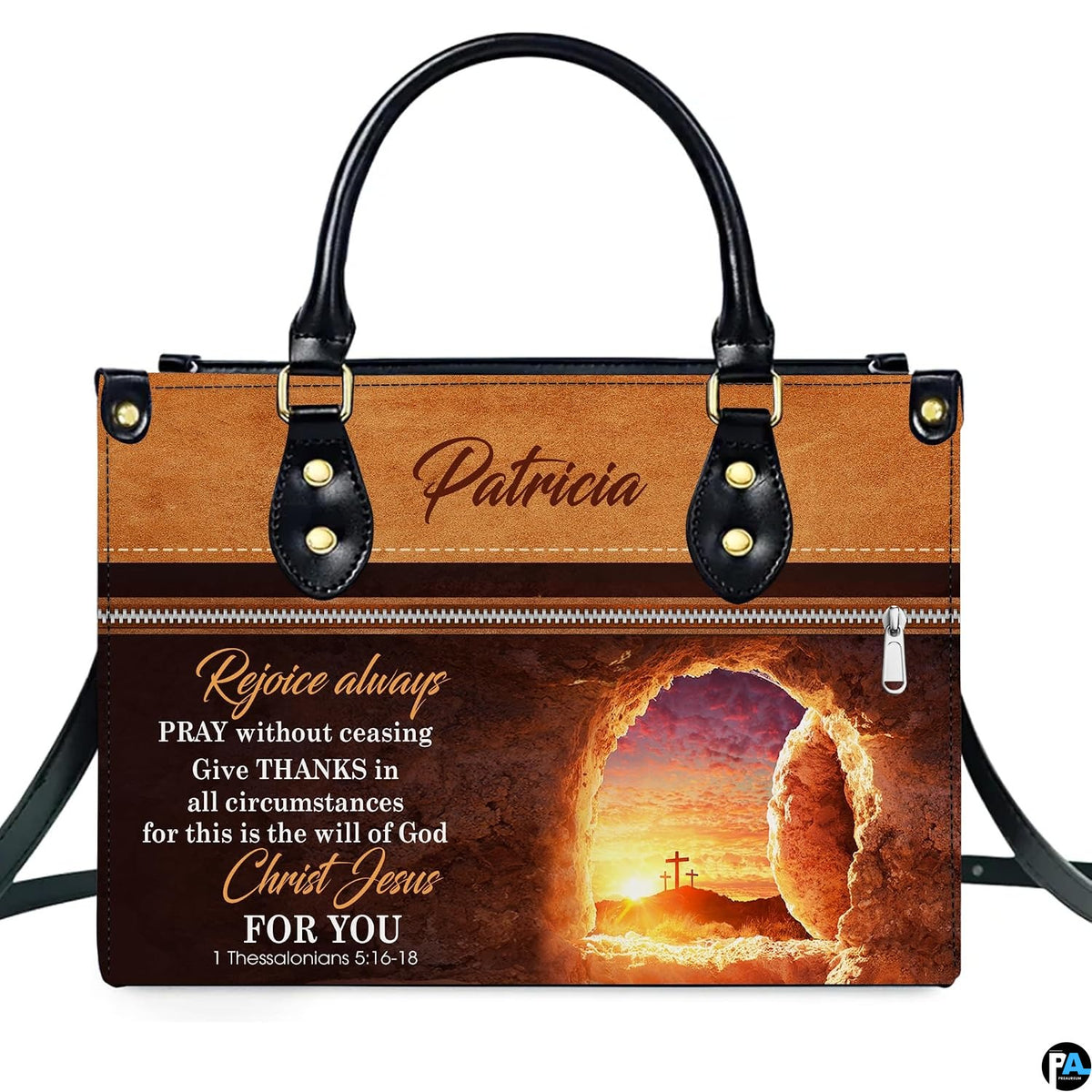 Front product view of the empty tomb and Calvary sunrise Christian handbag