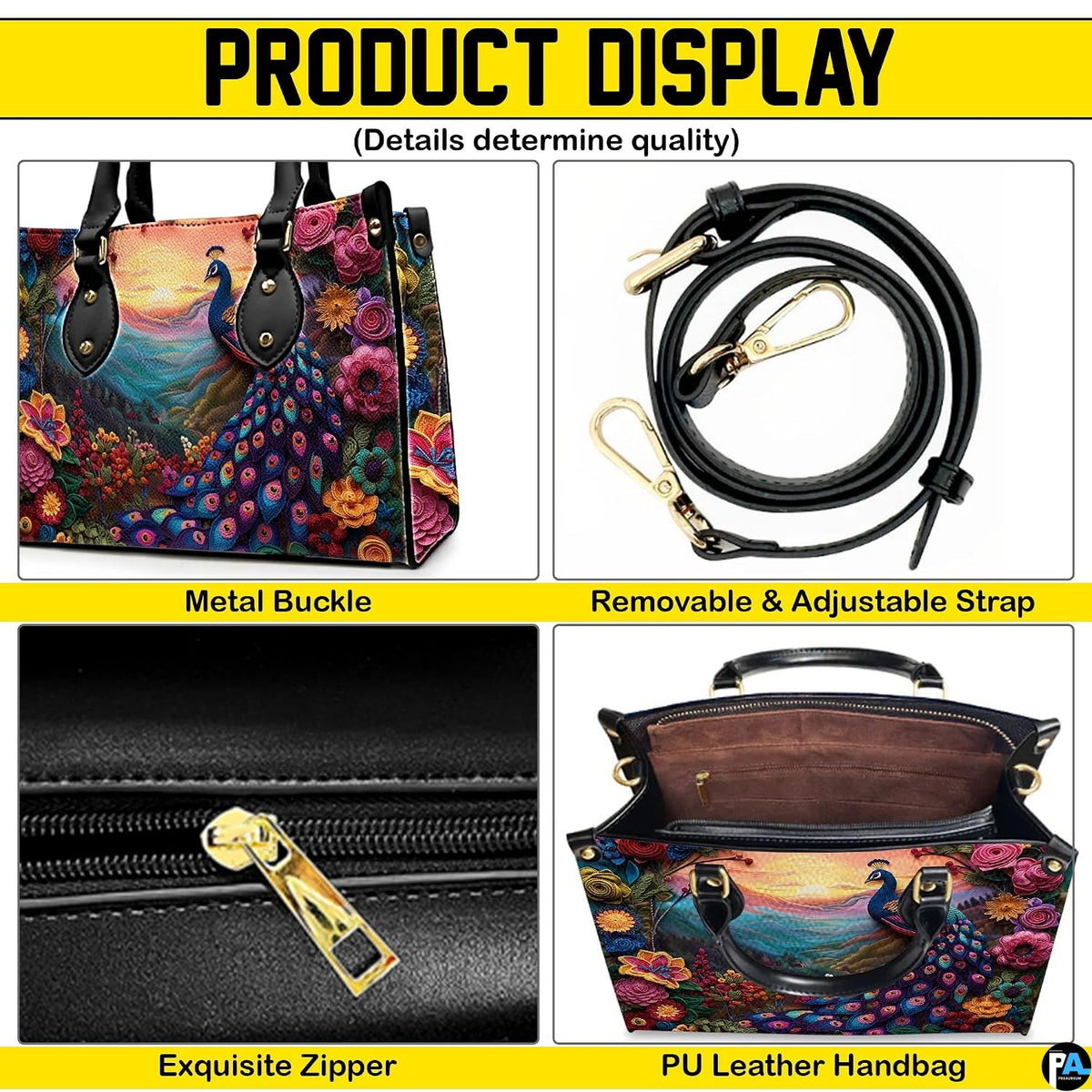 Peacock floral handbag shown with strap, zipper, and interior detail views