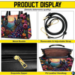 Peacock floral handbag shown with strap, zipper, and interior detail views