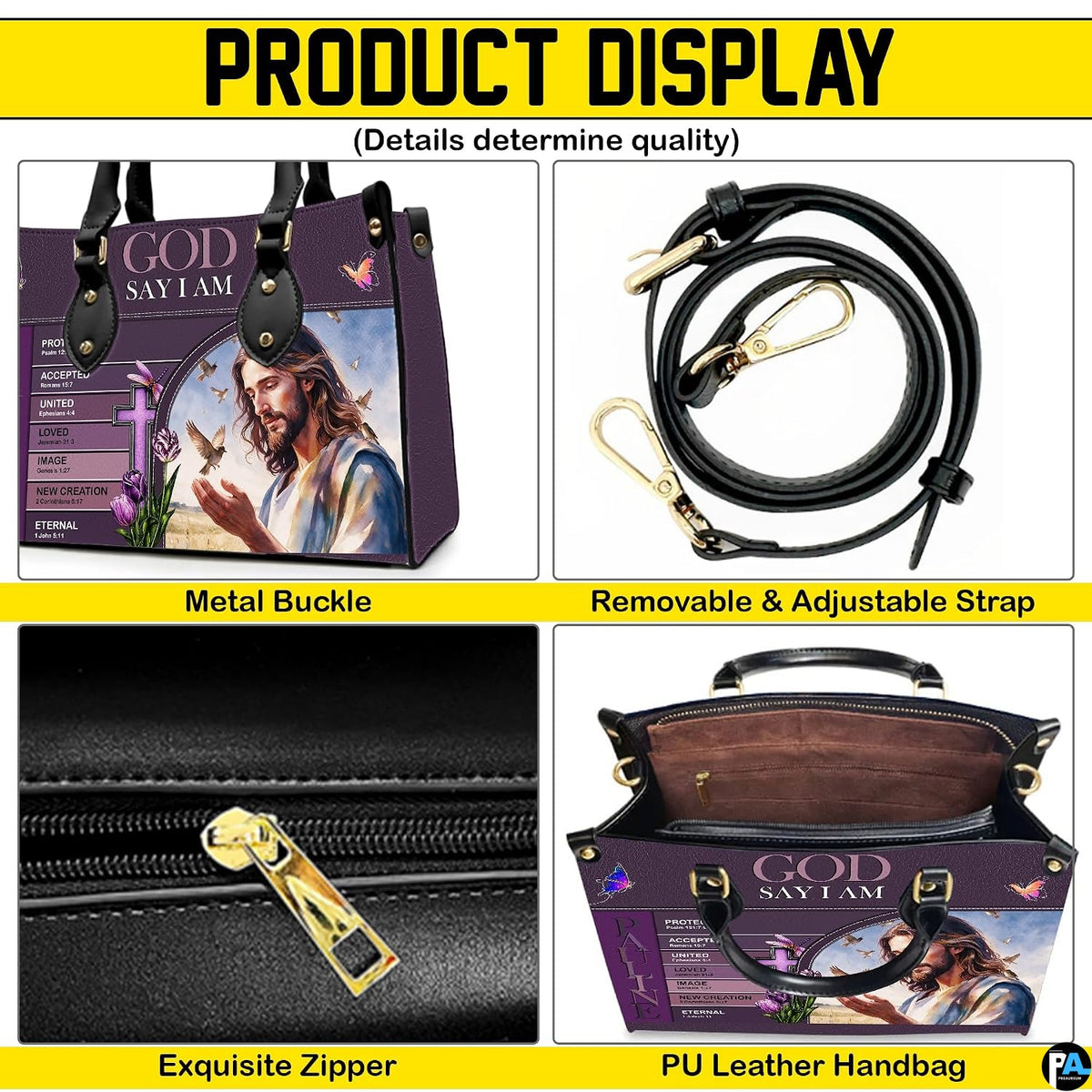 Four-panel showcase illustrating design details, hardware, and interior layout.