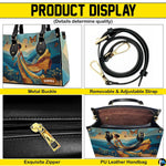 Four panel graphic illustrating metal buckle, detachable strap, zipper pull, and interior compartment details.