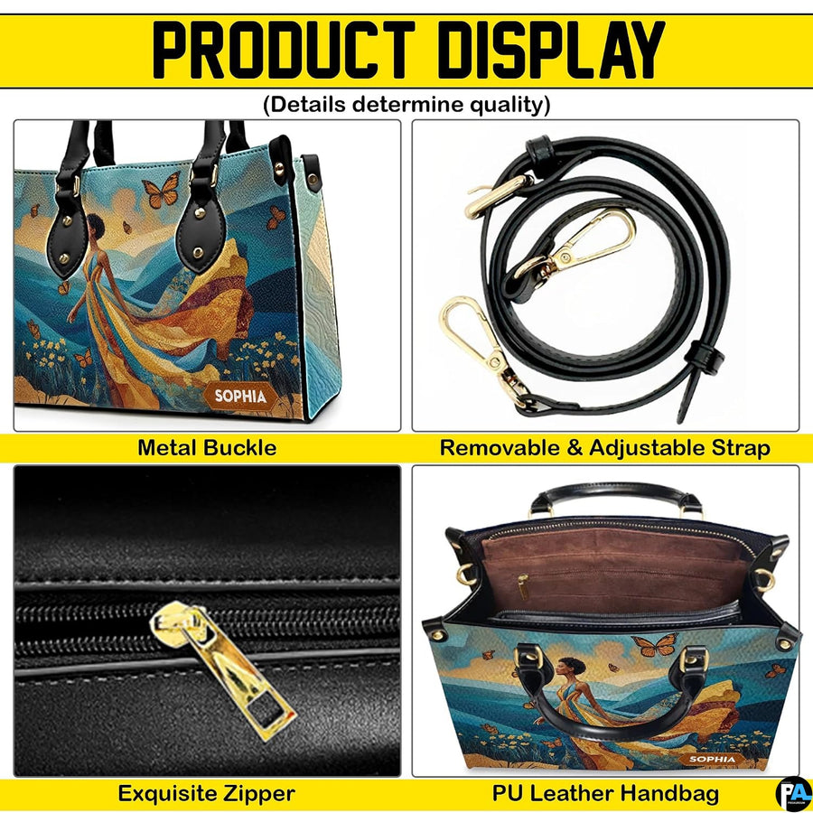 Four panel graphic illustrating metal buckle, detachable strap, zipper pull, and interior compartment details.