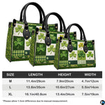 Green clover handbag measurement chart with illustrated product views