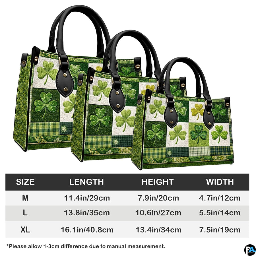 Green clover handbag measurement chart with illustrated product views