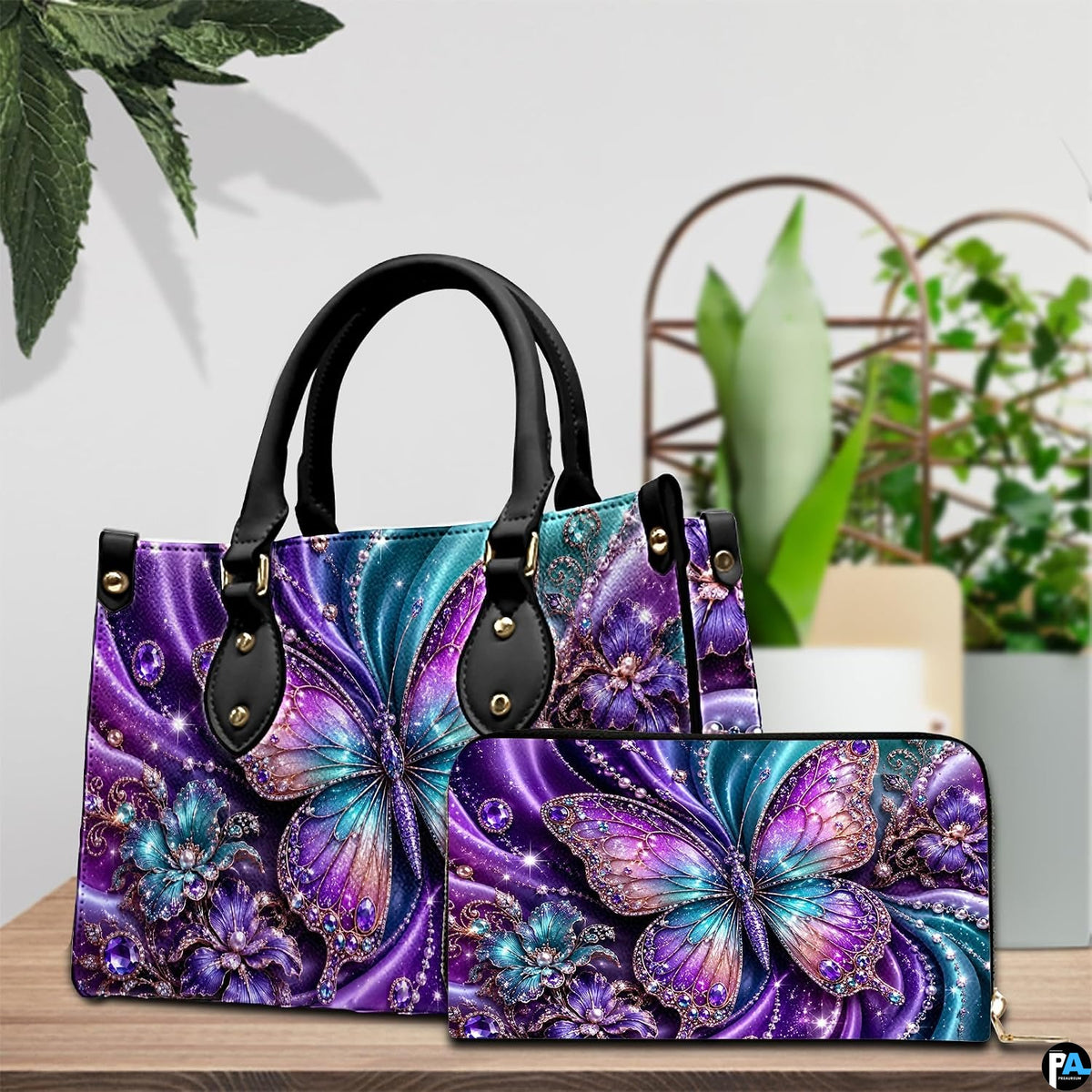 Close-up front view of handbag showing crystal butterfly wings and blossoms