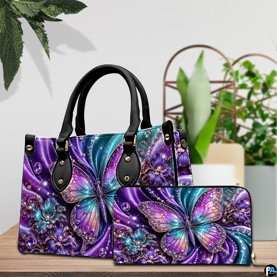 Close-up front view of handbag showing crystal butterfly wings and blossoms