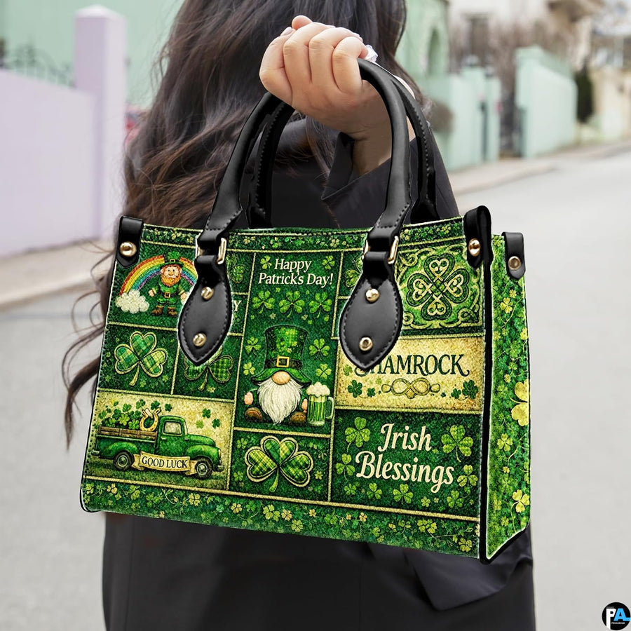 Model carrying green clover collage handbag with folklore motifs