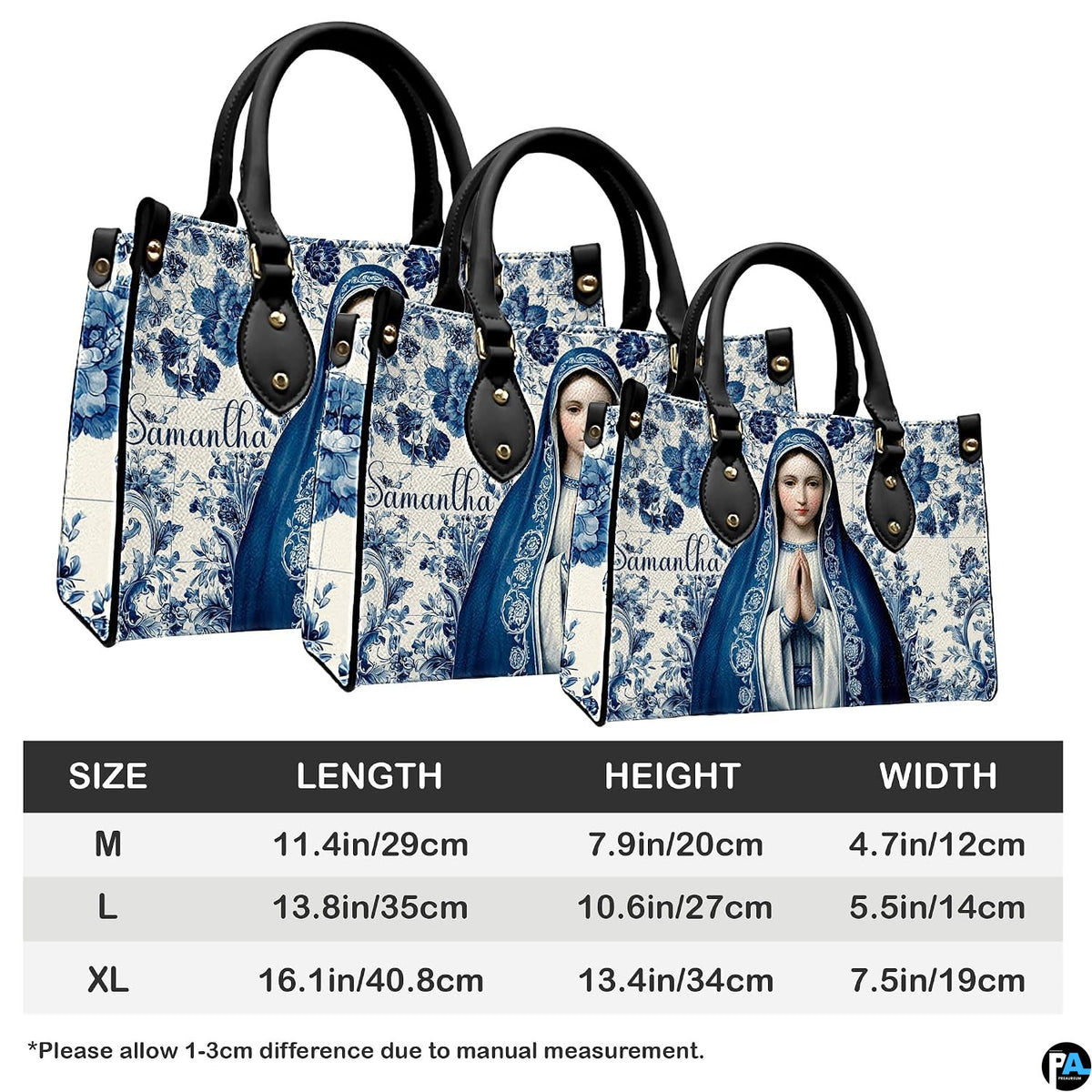 Dimension diagram showing medium, large, and extra-large handbag measurements.