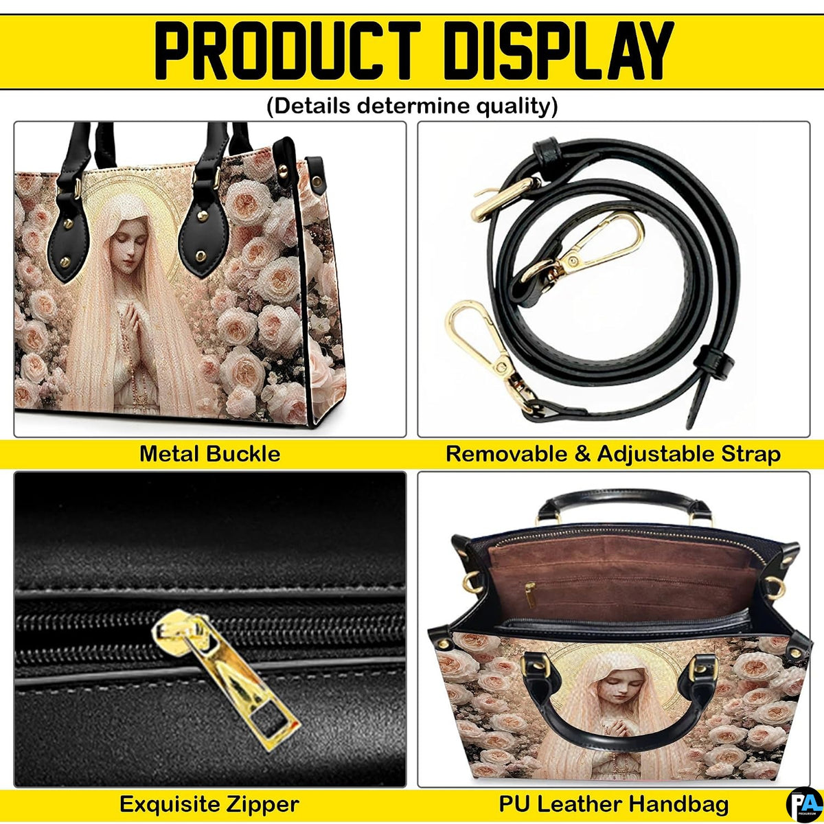 Product display overview showing shoulder strap, zipper top closure, metal buckle details, and interior.