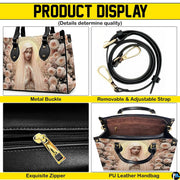 Product display overview showing shoulder strap, zipper top closure, metal buckle details, and interior.
