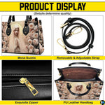 Product display overview showing shoulder strap, zipper top closure, metal buckle details, and interior.