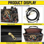 Product display overview showing shoulder strap, zipper top closure, metal buckles, and interior lining.