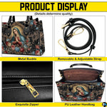 Product display overview showing shoulder strap, zipper top closure, metal buckles, and interior lining.
