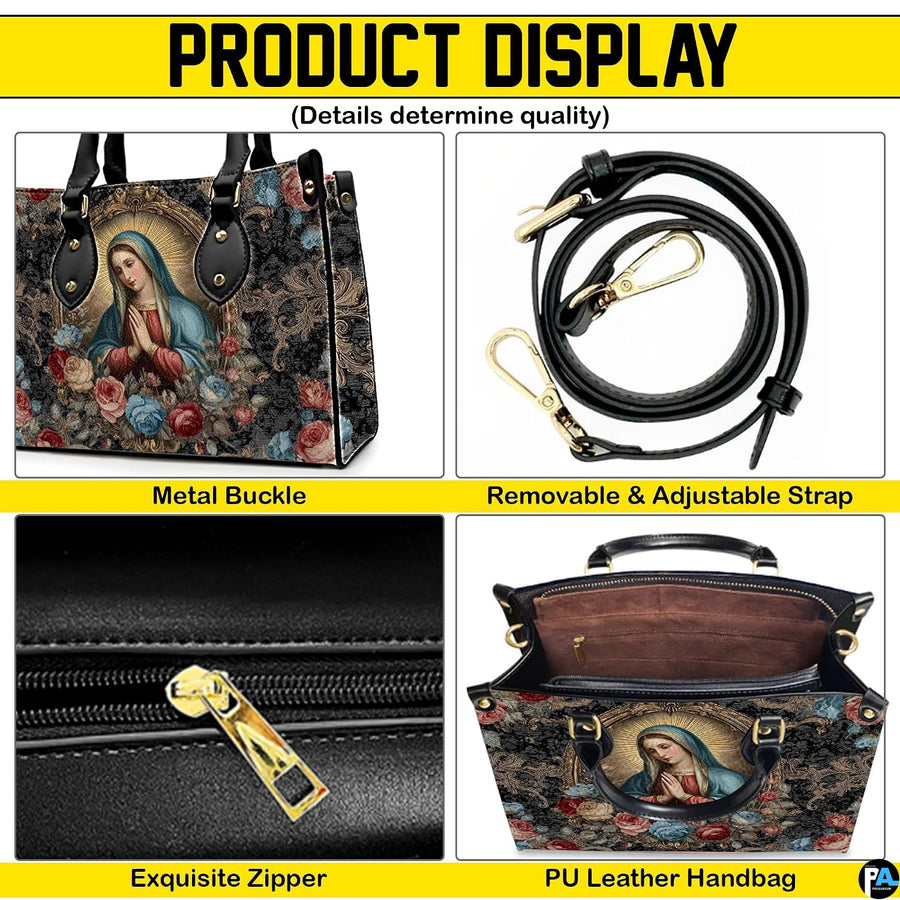 Product display overview showing shoulder strap, zipper top closure, metal buckles, and interior lining.
