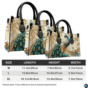 Three peacock floral artwork handbag silhouettes on a comparison panel