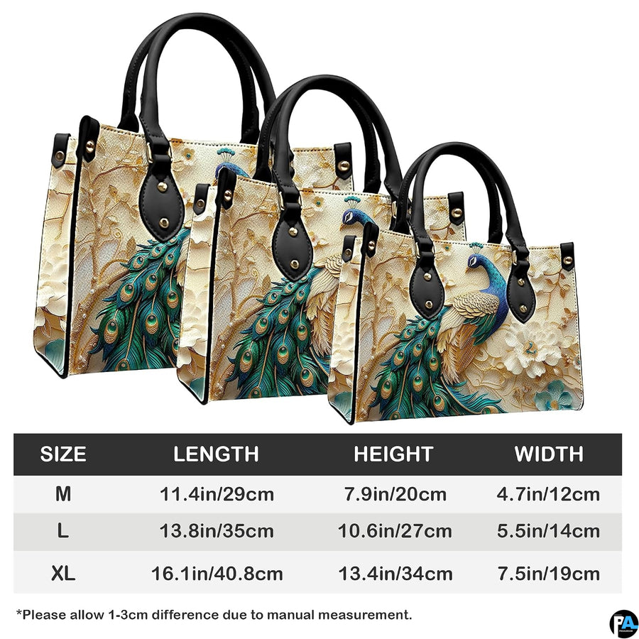Three peacock floral artwork handbag silhouettes on a comparison panel