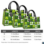 Green clover top hat handbag measurement chart with illustrated views